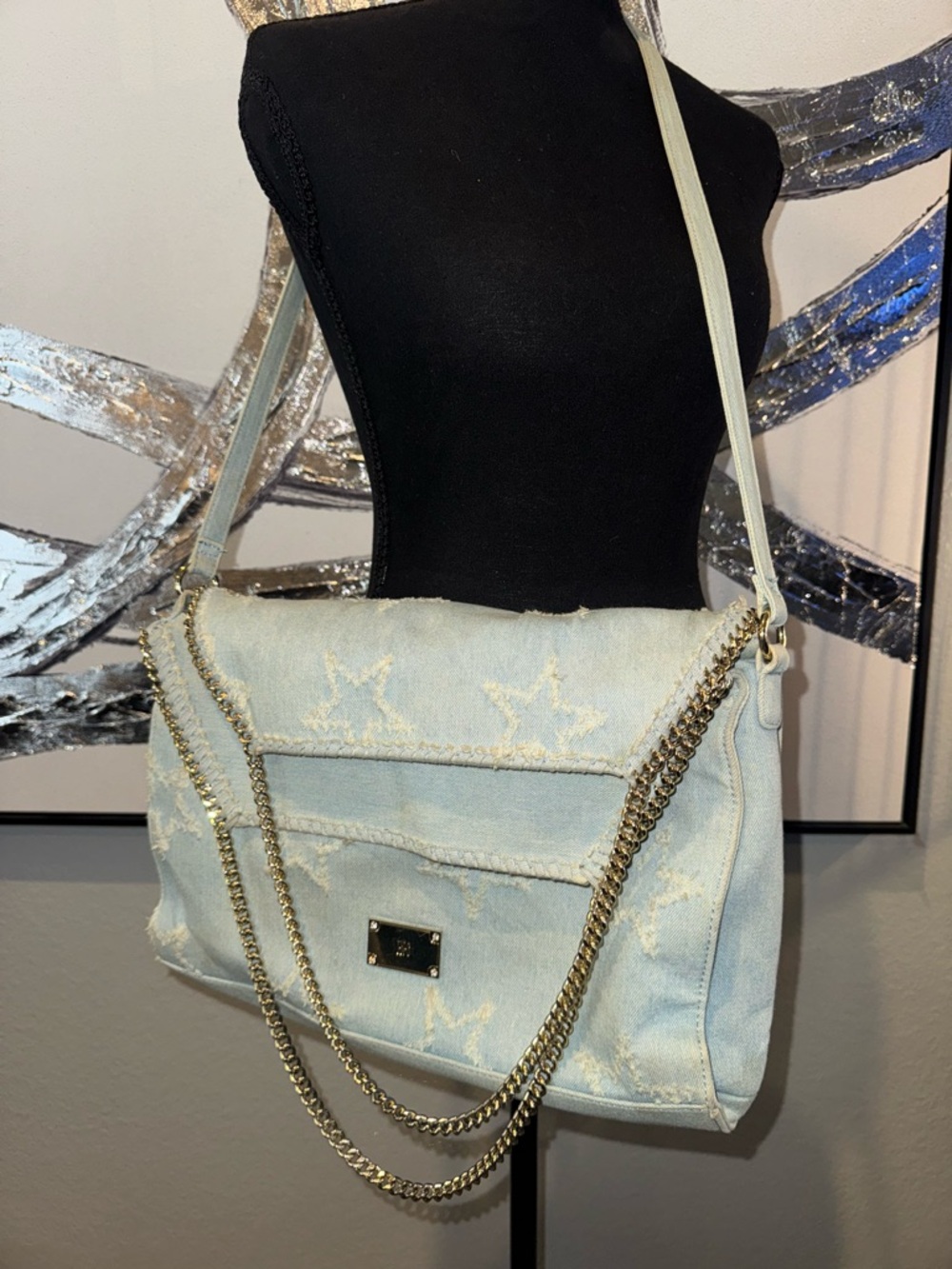 Light Blue Denim Star Pattern Shoulder Bag with Gold Chain